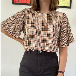 Flutter Short Sleeve Neutral Gingham Blouse Medium